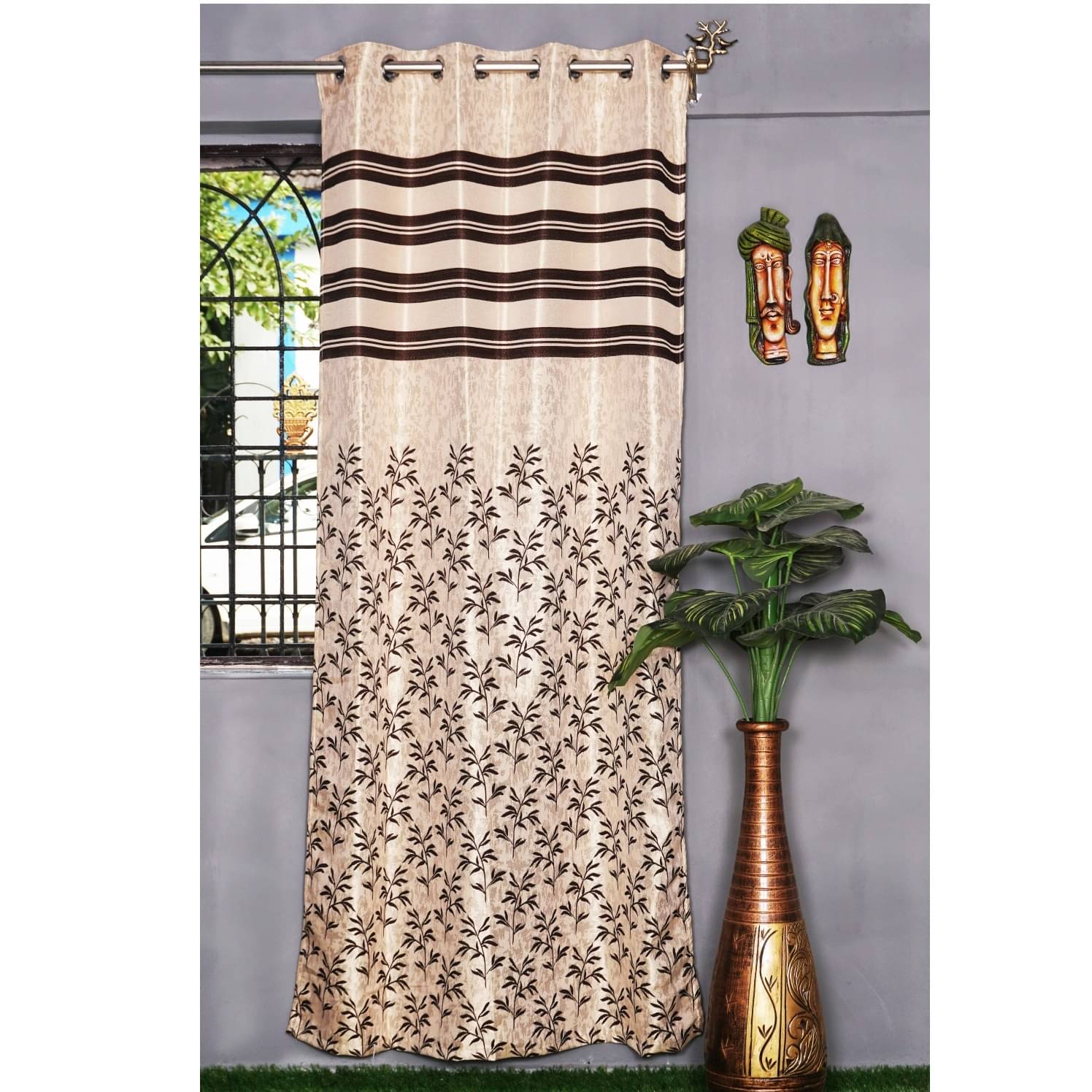 Jacquard Small Leaf Design Long Window Single Curtain (Brown)