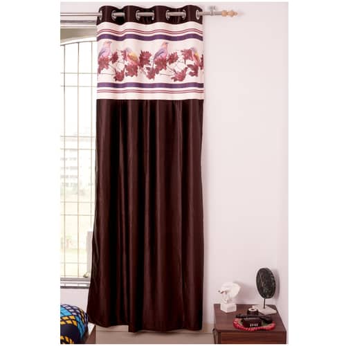Flower with Bird Polyester Long Window Single Curtain (Brown)