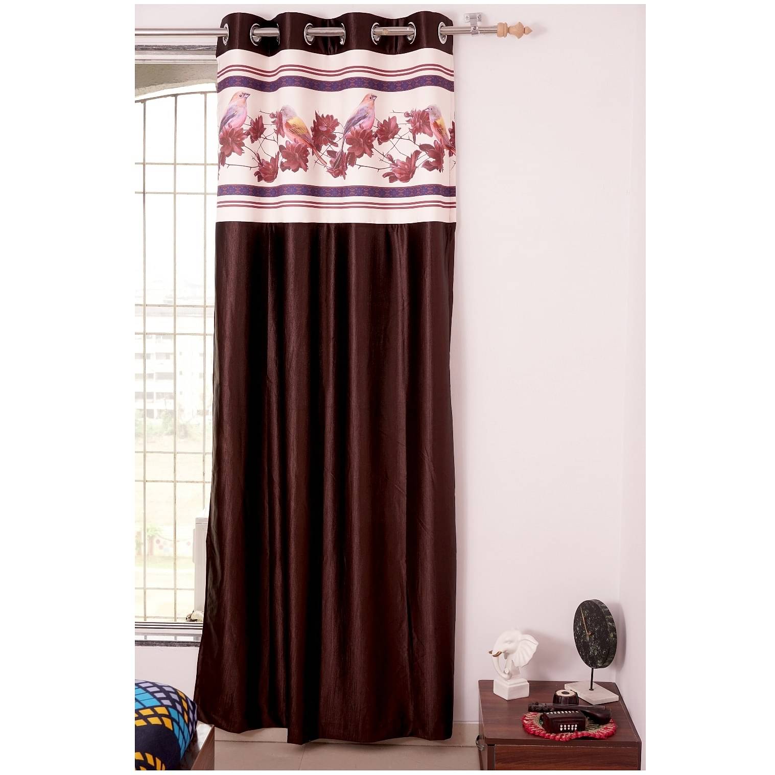 Flower with Bird Polyester Long Window Single Curtain (Brown)