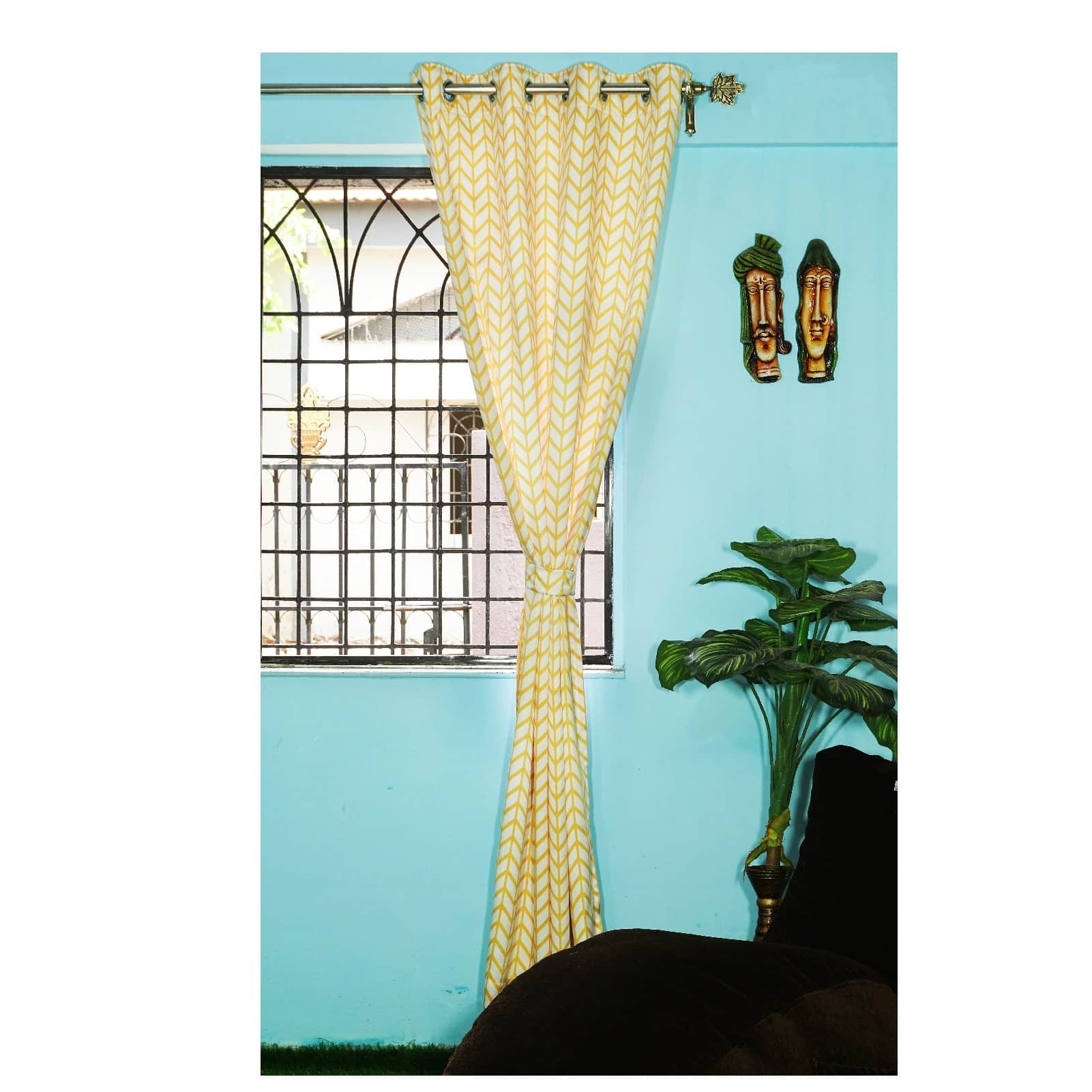 Arrow Design Long Window Single Curtain (Yellow) - front_view