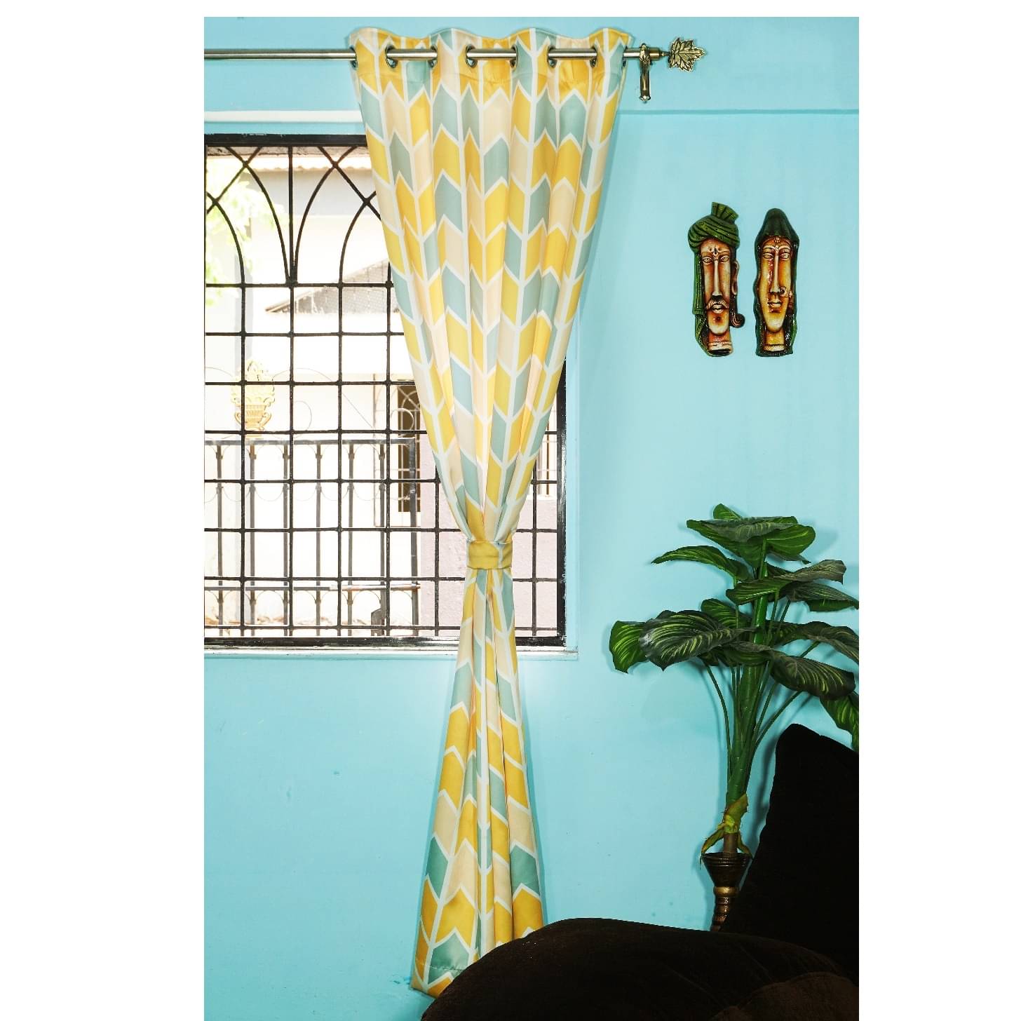 Polyester Long Window Single Curtain Printed Fabric(Yellow &Green)
