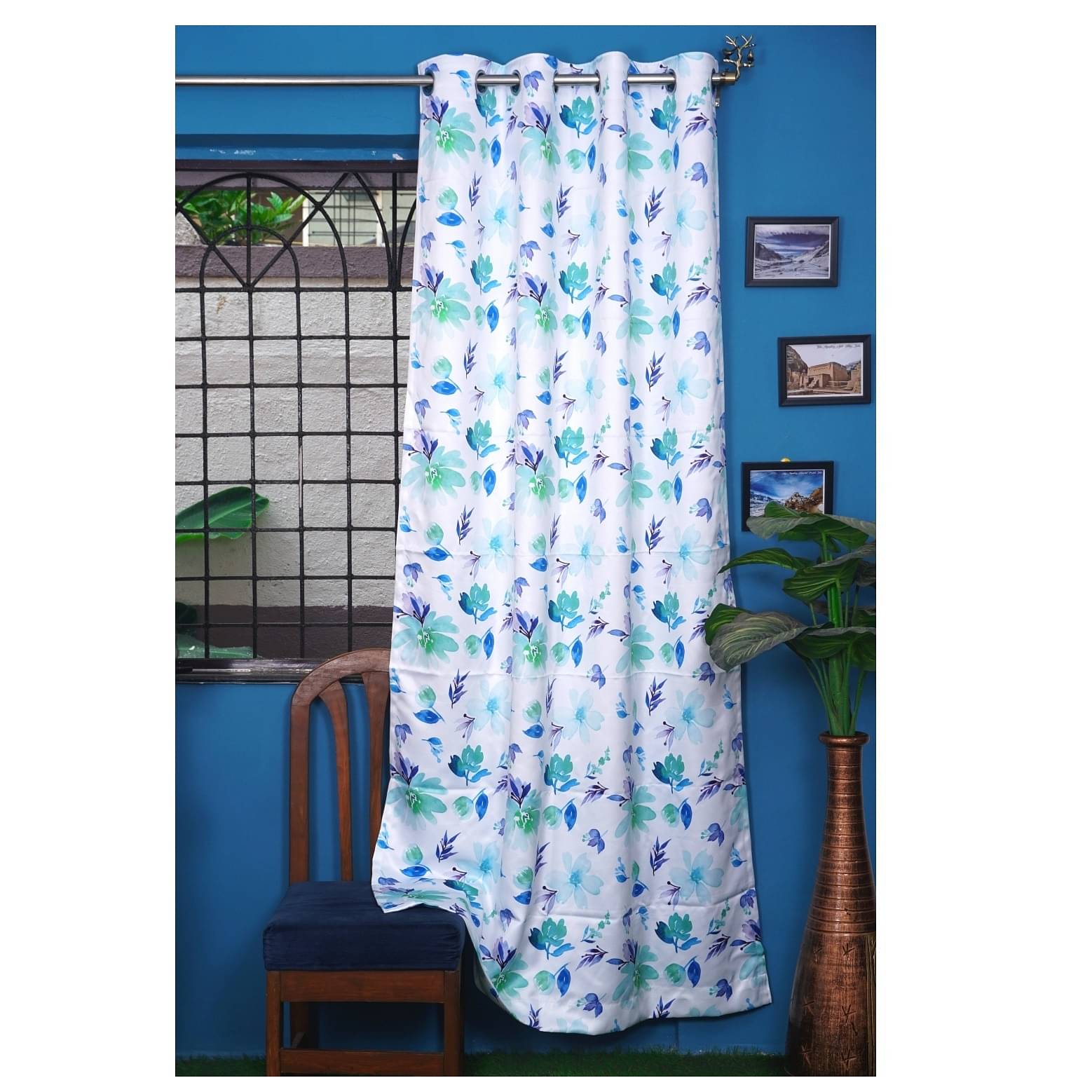Floral Long Window Single Curtain (Blue & White)