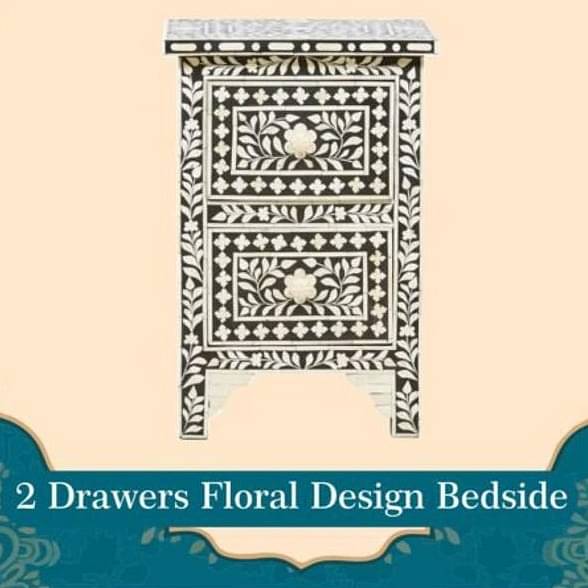 Bone Inlay 2 Drawers Floral Design Bedside Table
