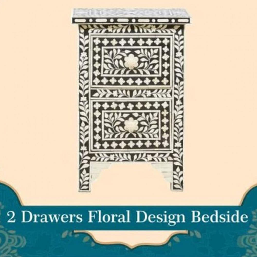 Bone Inlay 2 Drawers Floral Design Bedside Table - photo