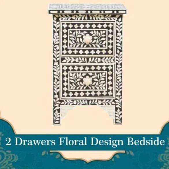 Bone Inlay 2 Drawers Floral Design Bedside Table