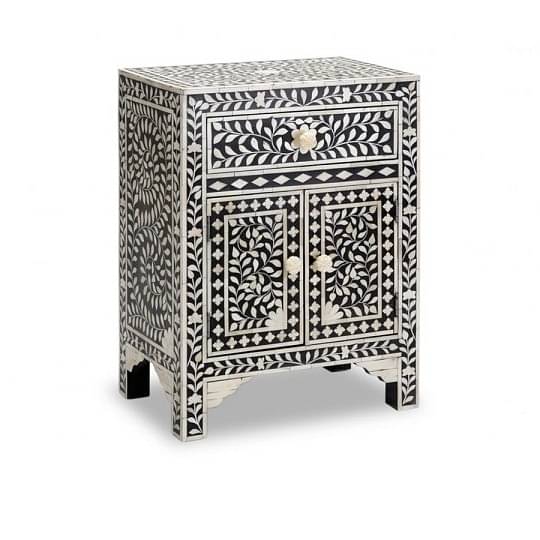 Bone Inlay 2 Drawers Floral Design Bedside Table