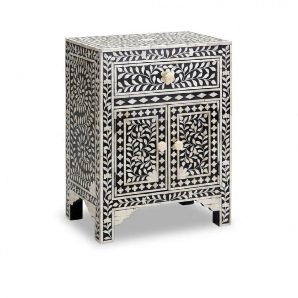 Bone Inlay 2 Drawers Floral Design Bedside Table - photo