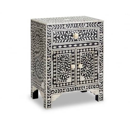 Bone Inlay 2 Drawers Floral Design Bedside Table