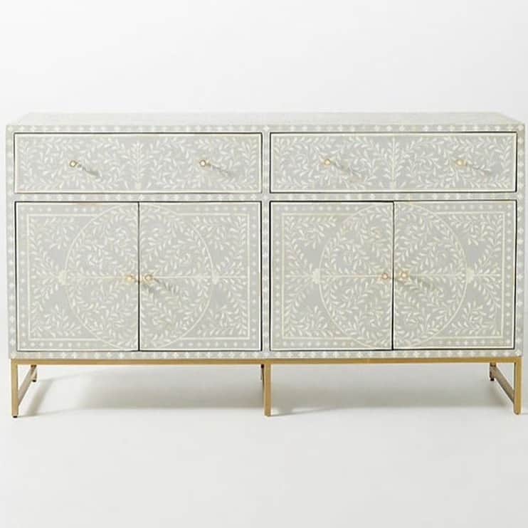 Bone Inlay Scroll Vine Design Entryway Cabinet - front_view