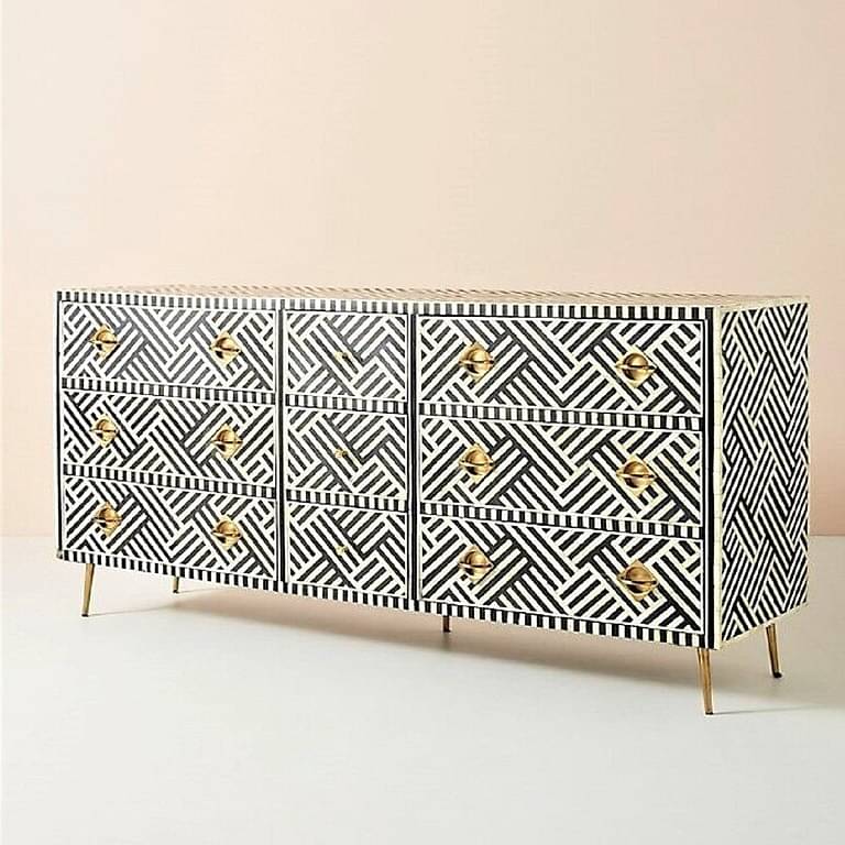 Bone Inlay Optical Design 9 Drawers Sideboard