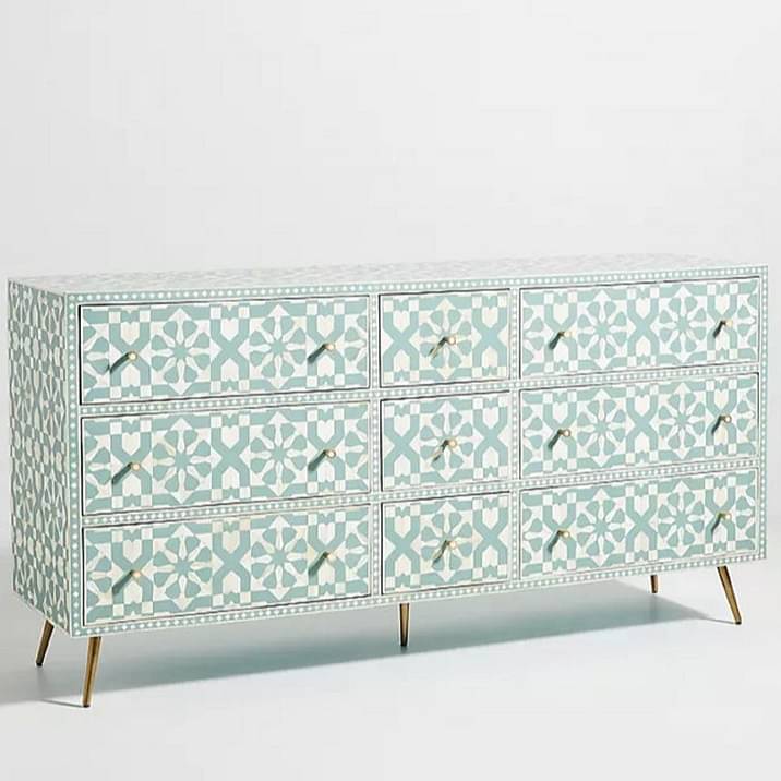 Bone Moroccan Inlay Chest of 9 Drawers