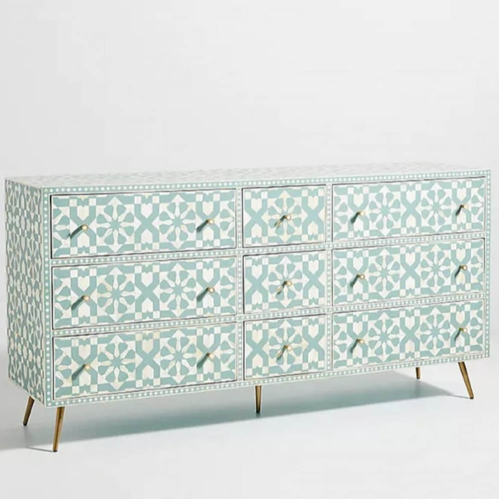 Bone Moroccan Inlay Chest of 9 Drawers - photo