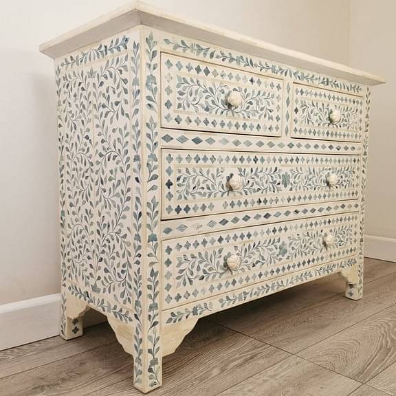 Handmade Bone Inlay Floral Pattern Modern Sideboard, Bone Inlay Chest of 4 drawers