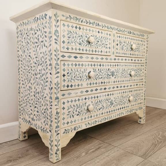 Handmade Bone Inlay Floral Pattern Modern Sideboard, Bone Inlay Chest of 4 drawers