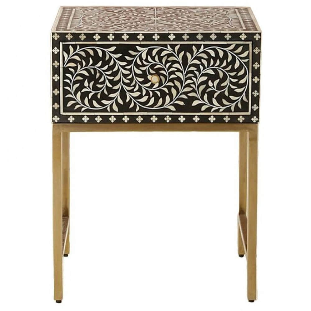 Bone Inlay Floral Design Bedside Table - photo