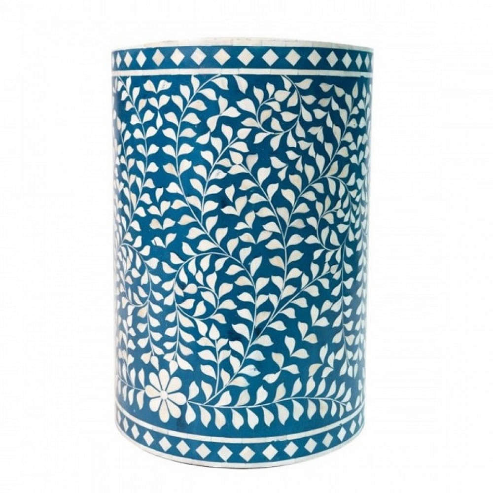 Blue Bone Inlay Round Floral Stool - photo