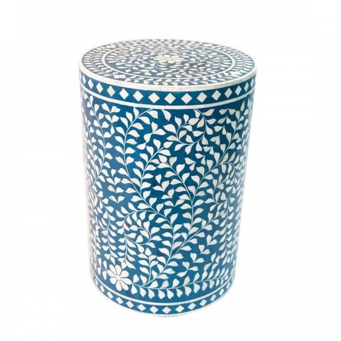Blue Bone Inlay Round Floral Stool