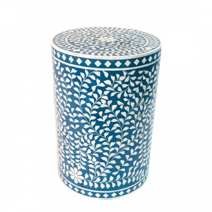 Blue Bone Inlay Round Floral Stool