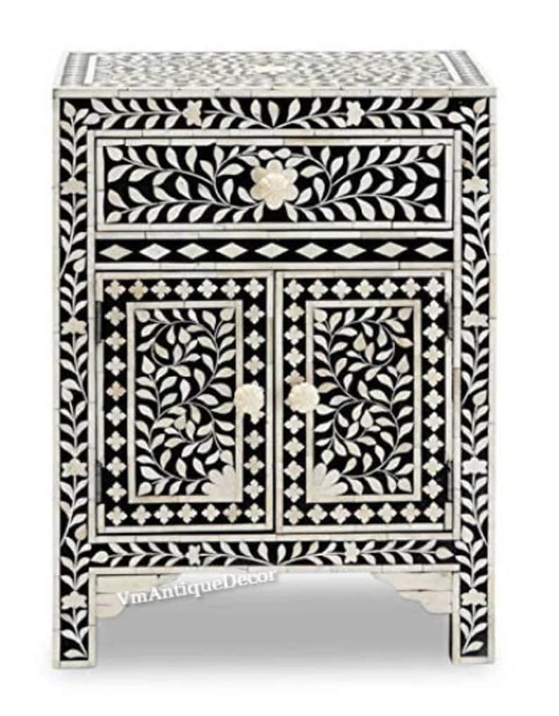 Bone Inlay 2 Drawers Floral Design Bedside Table - front_view
