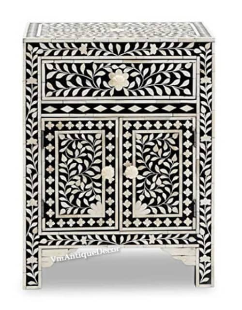 Bone Inlay 2 Drawers Floral Design Bedside Table