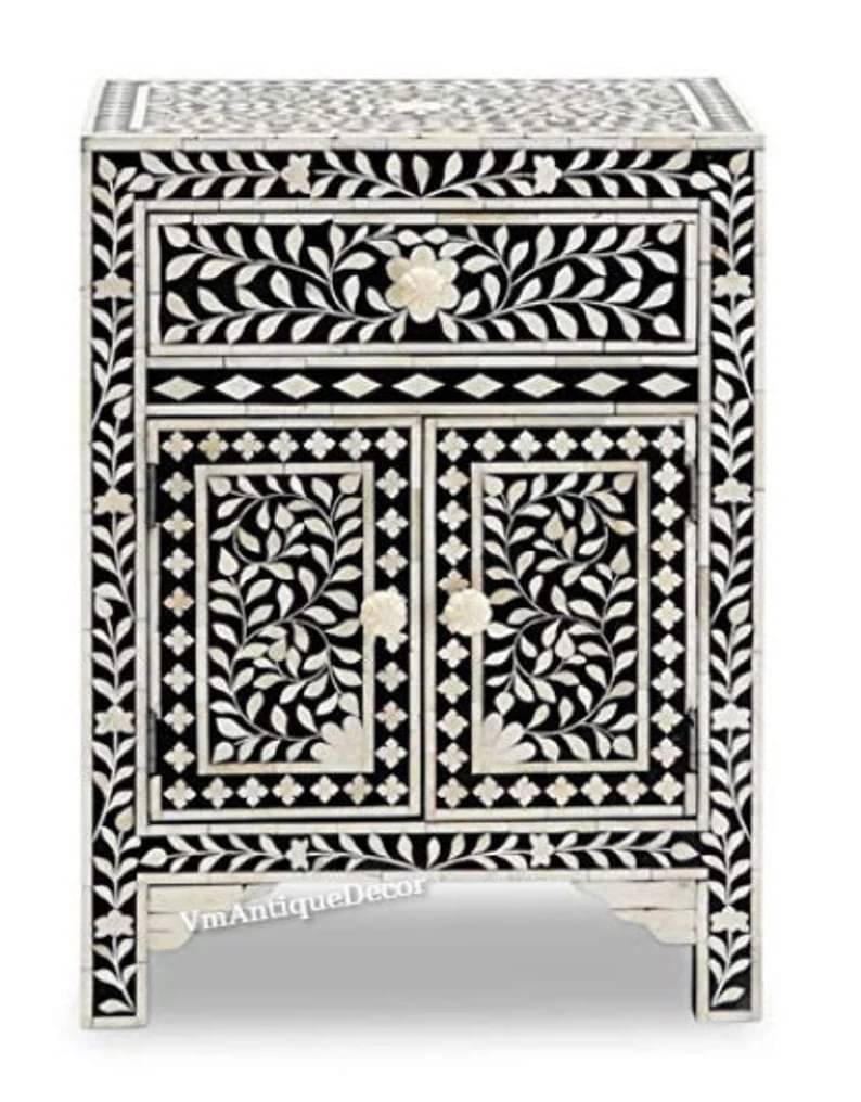 Bone Inlay 2 Drawers Floral Design Bedside Table