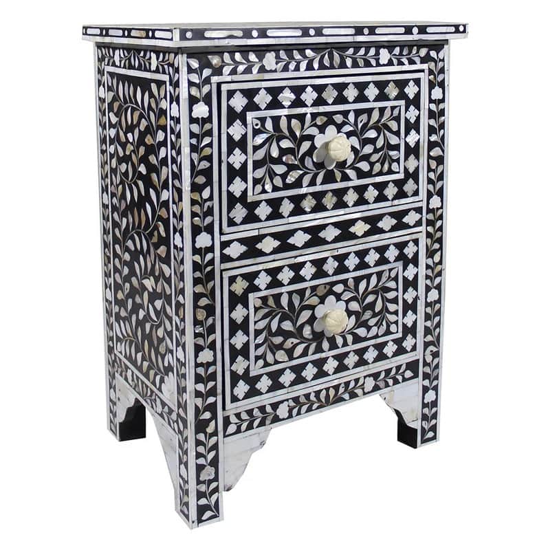 Bone Inlay 2 Drawers Floral Design Bedside Table - front_view