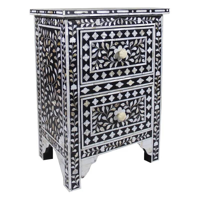 Bone Inlay 2 Drawers Floral Design Bedside Table