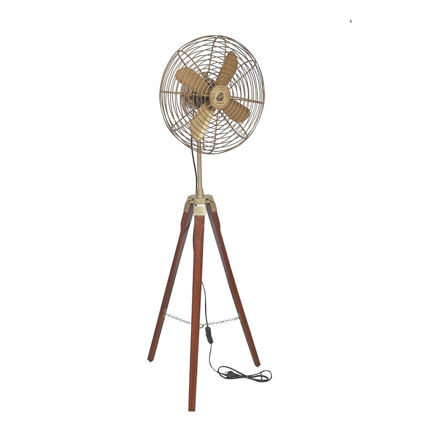 Antique Floor Fan With Brown Wooden Tripod Stand - right_view