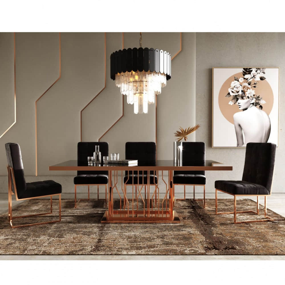 Modern Black Glass Dining Table Set With 6 Chair - photo