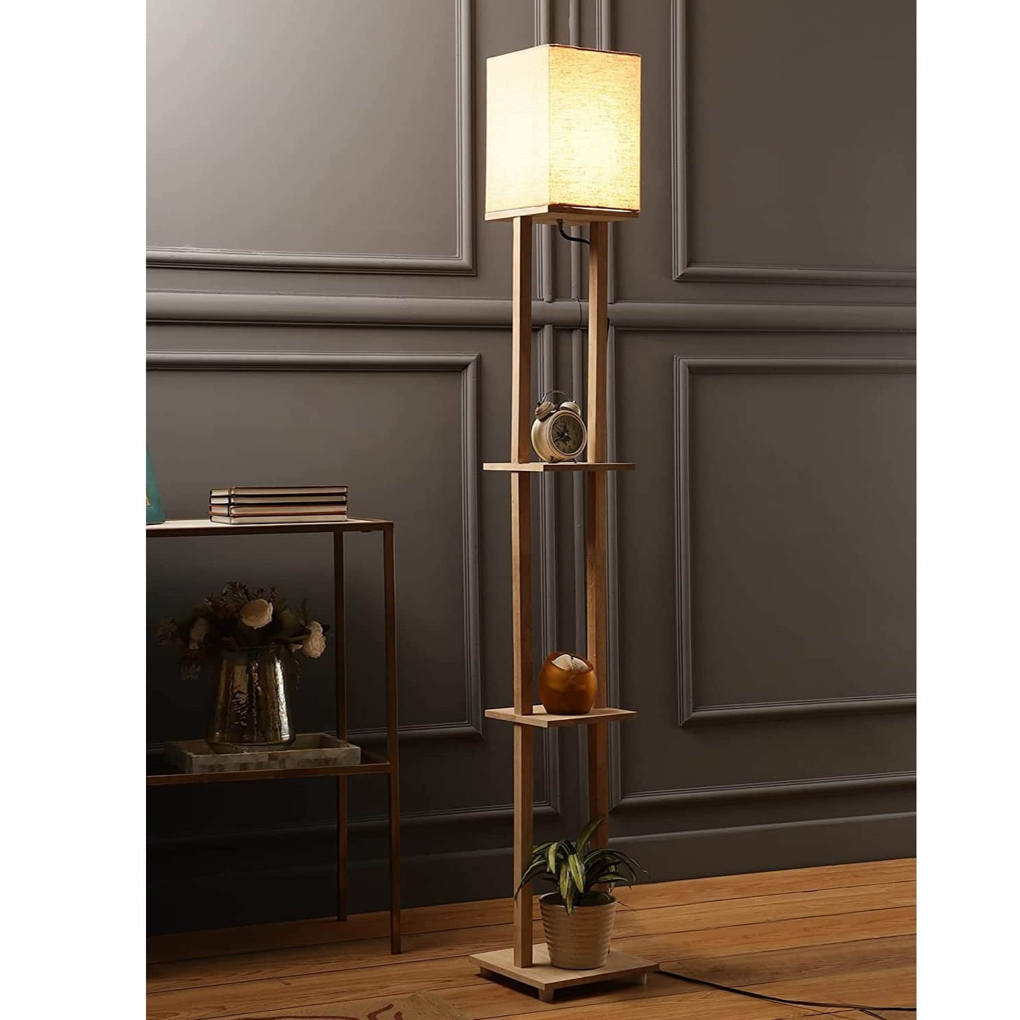Mario 3 Tier Shelf Storage Solid Wood Floor Lamp - front_view