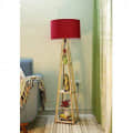 Red Shade Wooden Teak Floor Lamp with Shelf - photo