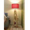 Red Shade Wooden Teak Floor Lamp with Shelf - front_view
