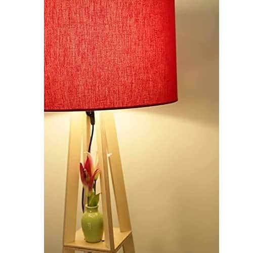 Red Shade Wooden Teak Floor Lamp with Shelf - top_view