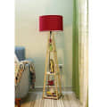 Red Shade Wooden Teak Floor Lamp with Shelf - rear_view