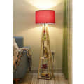 Red Shade Wooden Teak Floor Lamp with Shelf - left_view