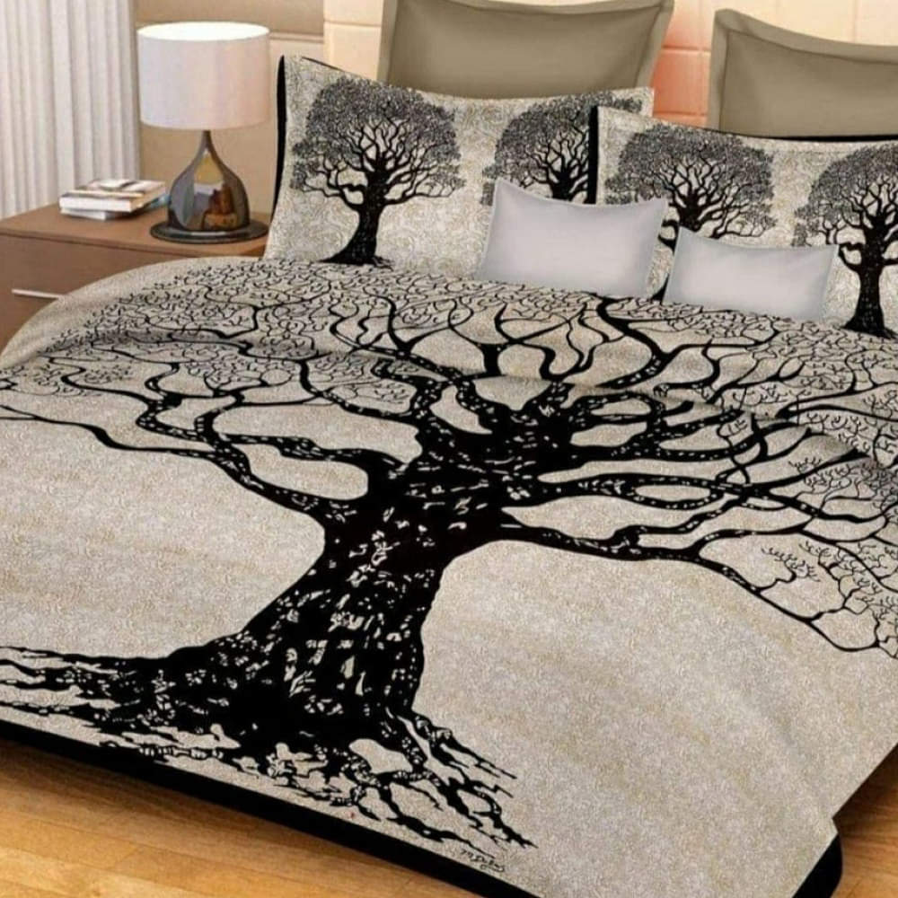 Cotton Beautiful Halloween Double Bed Jaipuri Sanganeri Print Bedsheet with 2 Pillow Cover (Cream Elephant Print) - photo