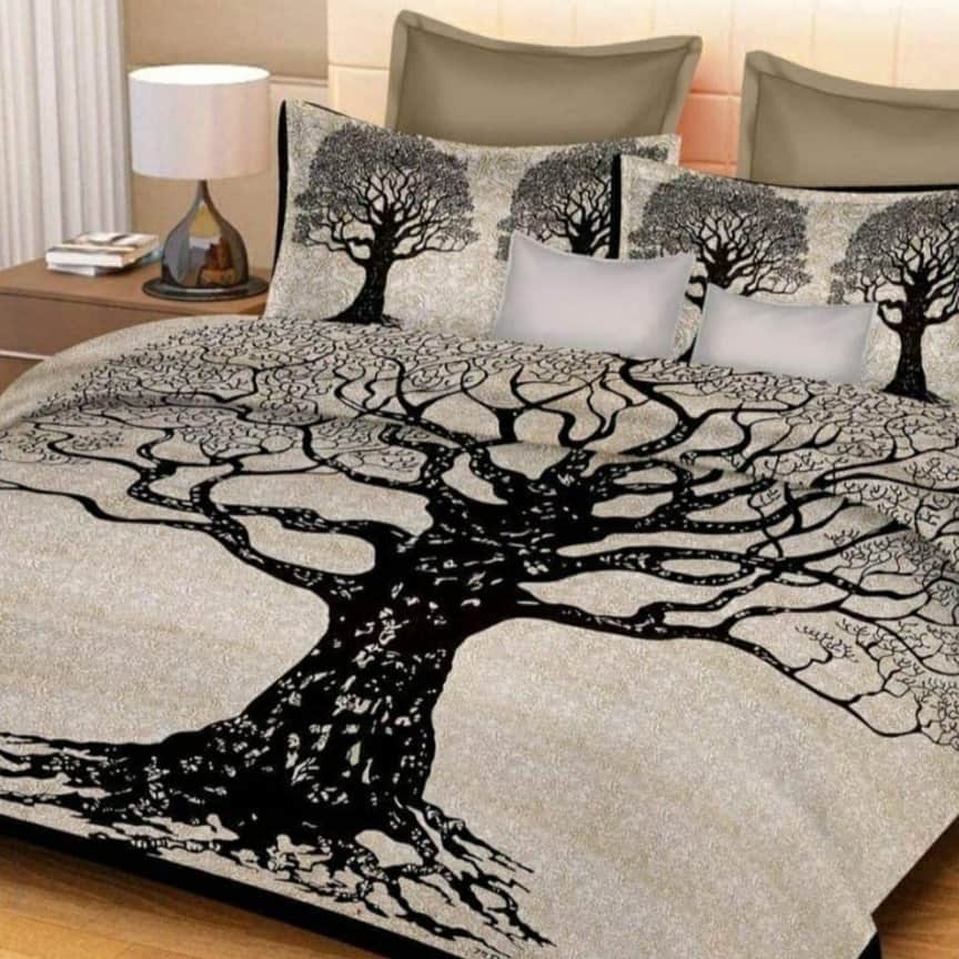 Cotton Beautiful Halloween Double Bed Jaipuri Sanganeri Print Bedsheet with 2 Pillow Cover (Cream Elephant Print) - front_view