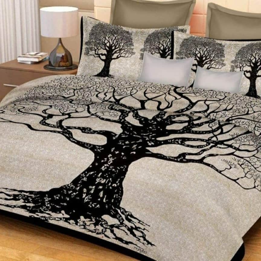 Cotton Beautiful Halloween Double Bed Jaipuri Sanganeri Print Bedsheet with 2 Pillow Cover (Cream Elephant Print) - top_view