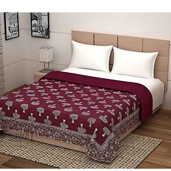 Pure Jaipuri Cotton Razai Rajasthani Traditional Gold Dye Tree Print Jaipuri Single Bed Ac Quilt Floral Design Rajai Maroon Color - photo