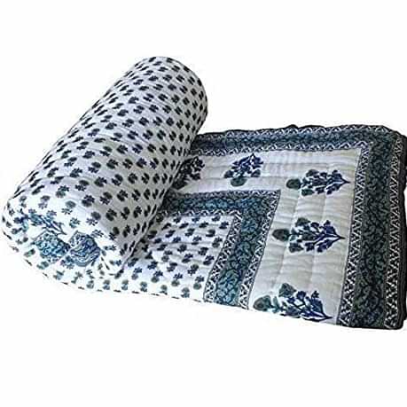 Floral Prints Double Bed Size White Jaipuri Cotton AC Quilt Razai (White, Standard Size) - photo