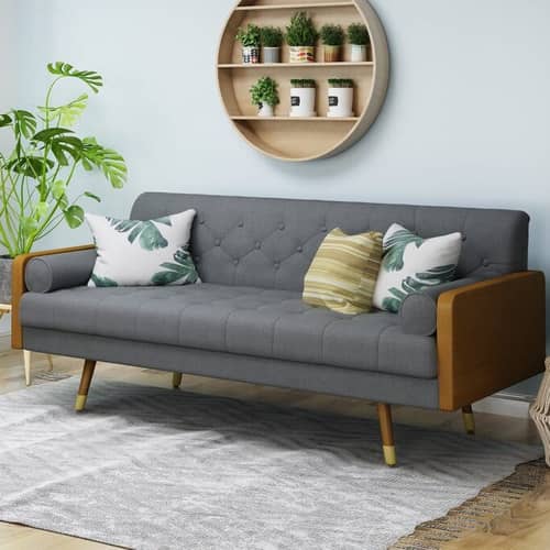 Mid Century Modern Tufted Fabric Sofa in Gray Colour