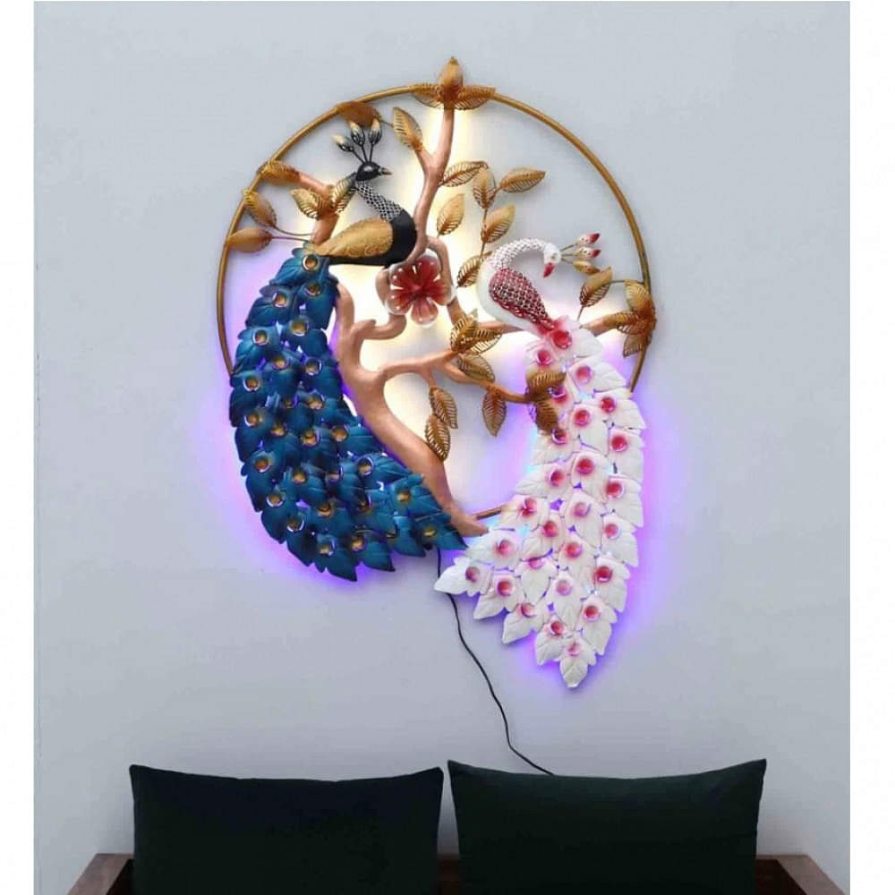 Wrought Iron Green And White Peacock Wall Art With Led - photo