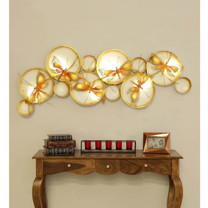 Wrought Iron Butterfly Wall Art With LED In Gold - rear_view