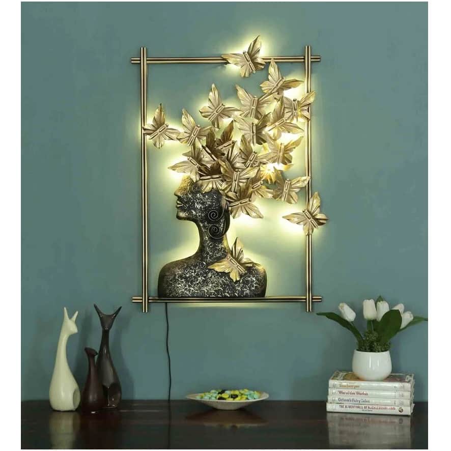 Iron Framed Butterfly Queen Wall Art With LED In Gold - front_view