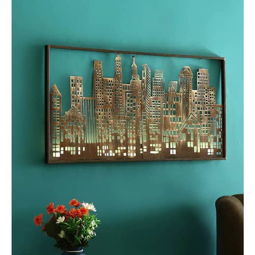 Wrought Iron City Light Wall Art With LED In Brown