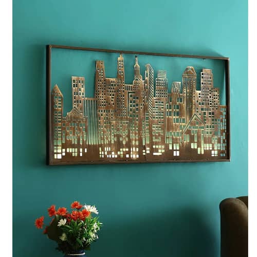 Wrought Iron City Light Wall Art With LED In Brown