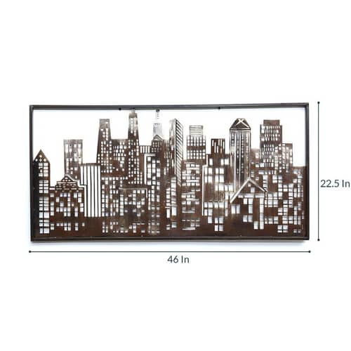 Wrought Iron City Light Wall Art With LED In Brown