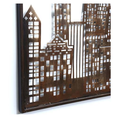 Wrought Iron City Light Wall Art With LED In Brown