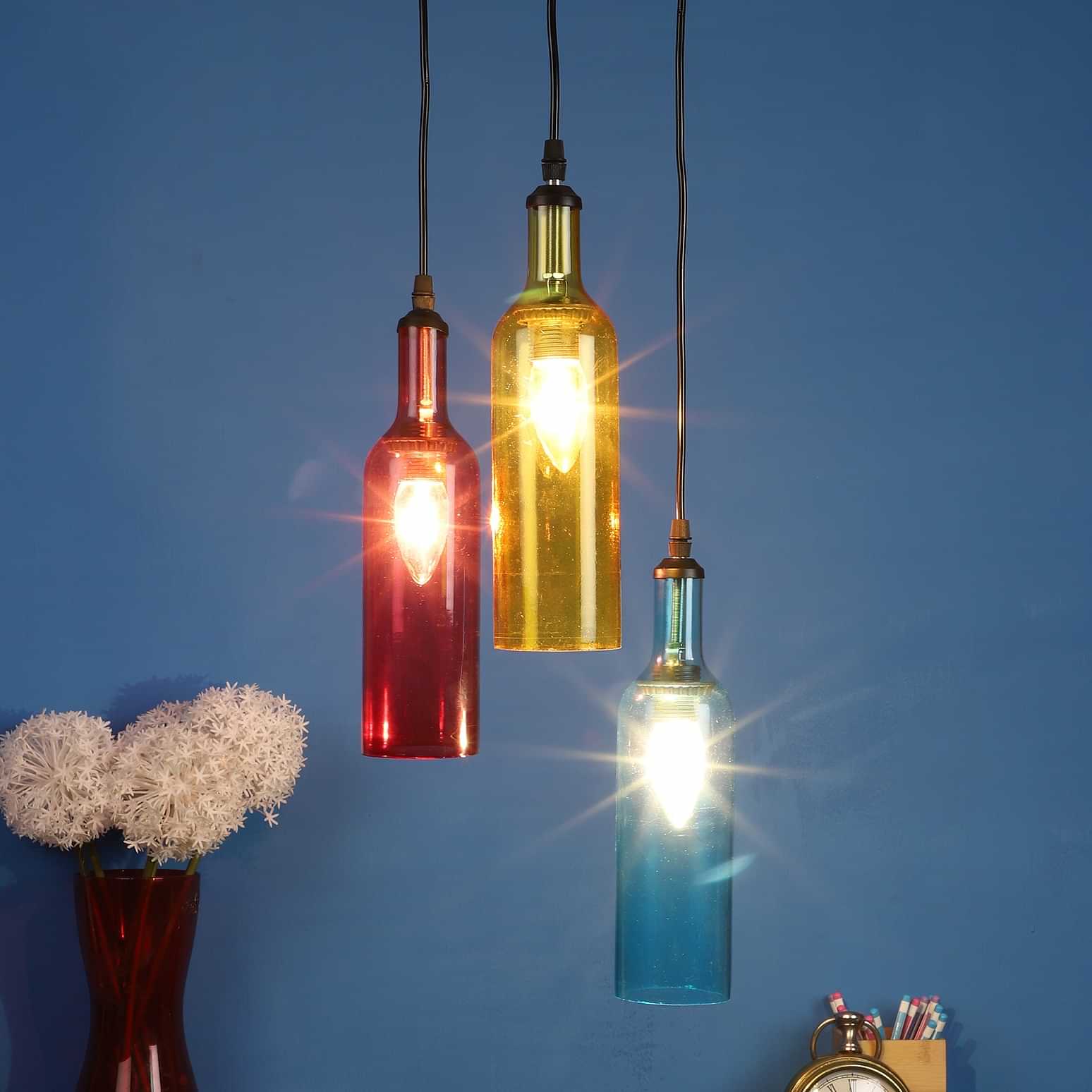 Brighton Multi Color Glass Bottle Hanging Light - 3LP - photo