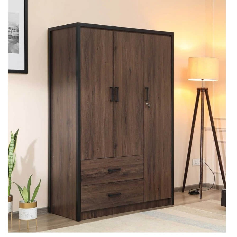 Oak Finish 3 Door Wardrobe With Drawer - photo